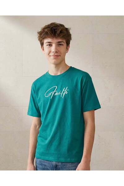 REDTAG Senior Boys Blue Faith Carpet Back Print Oversized T Shirt