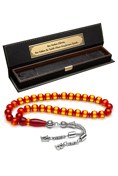 OTTOTESBİH Men's Globe Cut Letter Tassel Yellow Red Vermilion Amber Prayer Beads