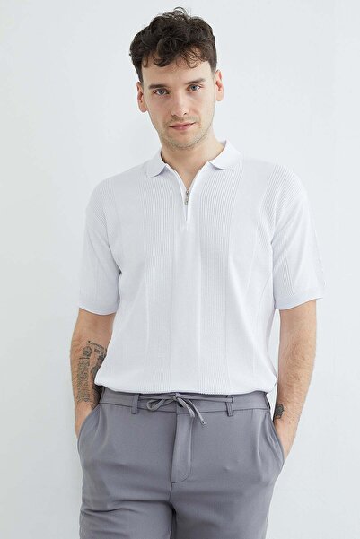 Fulla Moda Prugasta pletena majica sa polupatentnim zatvaračem i polo ovratnikom