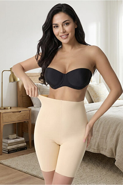 AQE FASHION يبرز انحناءات الجسم قص بالليزر شورت طويل عالي الخصر بلون البشرة