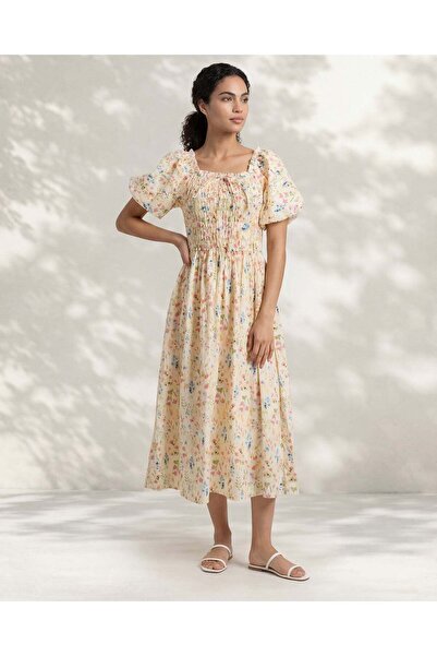 REDTAG فستان ميدي أصفر مطبوع من قماش بوبلين للنساء