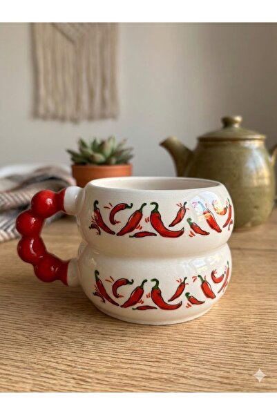 PALTO TASARIM Red Pepper Printed Handmade Cream Glossy Harmony Mug - Handcraf...