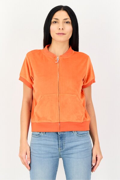 Juicy Couture Women Baseball Collar Brand Logo Short Sleeves Sweatshirt, Orange