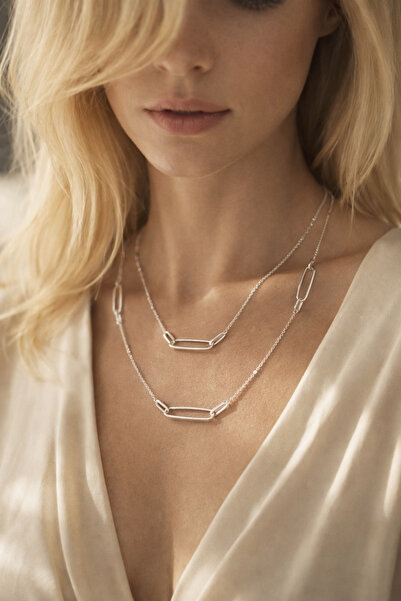 Giz Gümüş 925 Ayar Gümüş Rodyum Kaplama Uzun Ataç Model Zincirli İtalyan Kolye