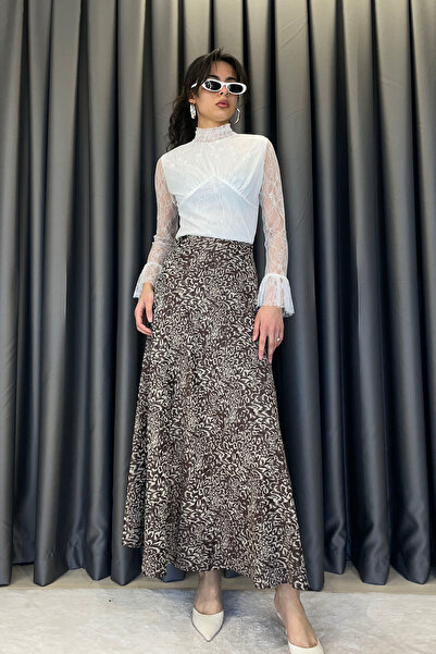 Estelle Shadow Pattern Satin Long Skirt-Brown Brown