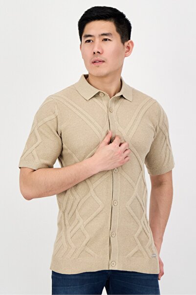 Threadbare Men Regular Fit Knitted Short Sleeve Casual Shirt, Beige