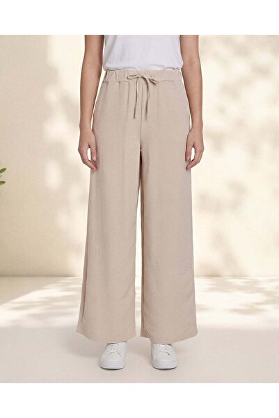 REDTAG Women Beige Elasticated Waist Wide Leg Trousers