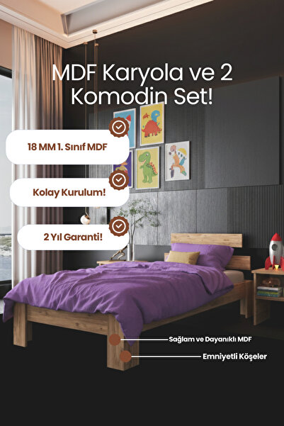 RENAZZO Lotus Tek Kişilik Modern Karyola ve İkili Komodin Seti - 1. Sınıf 18 ...