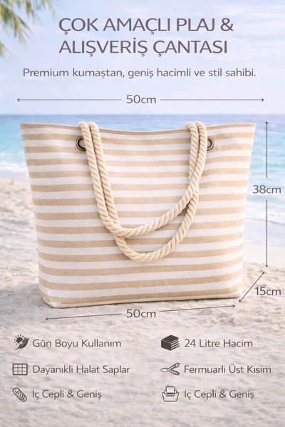 onymino Large Size Horizontal Striped Beach Bag Si 24 Liters Rope-Handled Inn...
