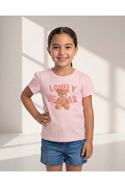 REDTAG Girls Pale Pink Bear Placement Print T-Shirt