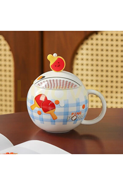 Livava كوب سيراميك دائري بتصميم بينج بونج مع غطاء على شكل مضرب، 14×9 - أبيض