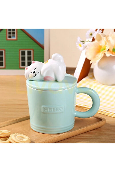 Livava كوب سيراميك بغطاء على شكل قطة نائمة بتصميم خاص بلون الباستيل - أخضر