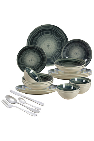 Cesiro Set of 48 Plates for 6 Persons, Graffiti, Ivory with Dark Gray Circles