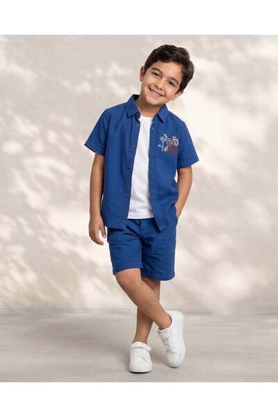REDTAG Boys Navy Embroidery Shirt 2 Piece Set