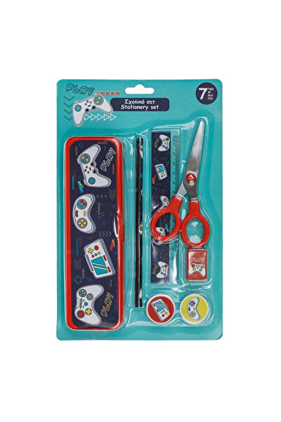 Game Set Școală cu Penar Gaming, 7 Piese, Riglă 15 cm, Foarfecă, Creion