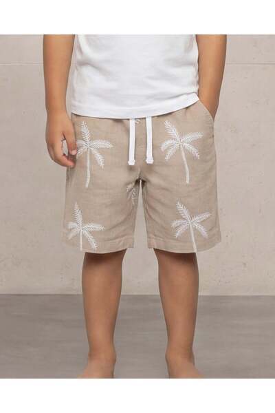 REDTAG Boys Beige Palm Allover Embro Pull On Shorts