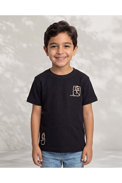 REDTAG Boys Black Embroidered Fashion T Shirt