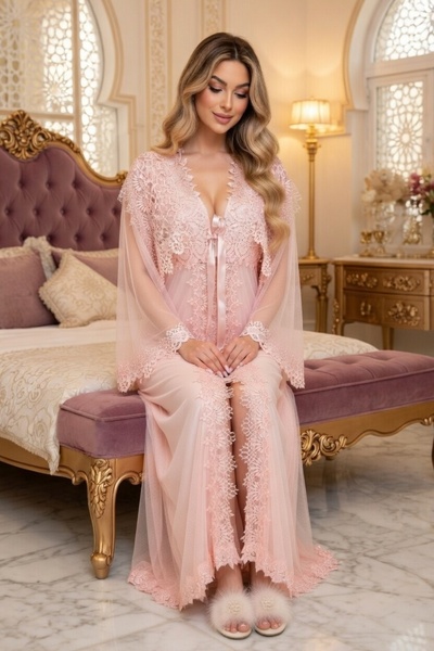 big mama طقم ثوب نوم فاخر مكون من دانتيل قطع، طقم روب طويل من الساتان الأنيق ...