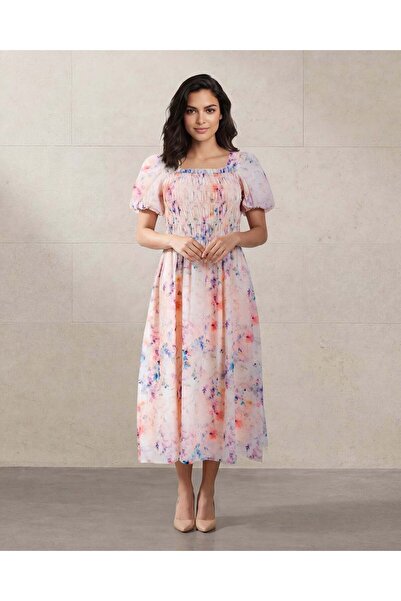 REDTAG فستان نسائي من الأورجانزا مطبوع بلون الخزامى بتصميم مكشكش