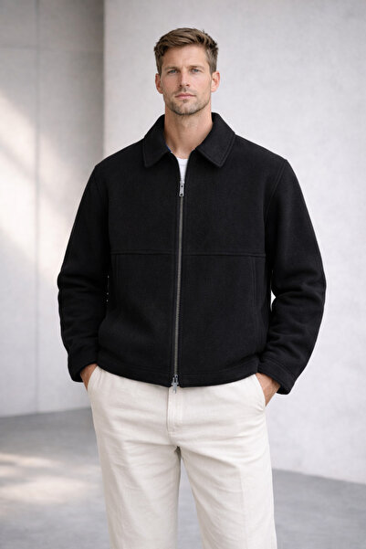 çerme Jachetă neagră pentru bărbați, cu fermoar, model Fishback texturat Premium