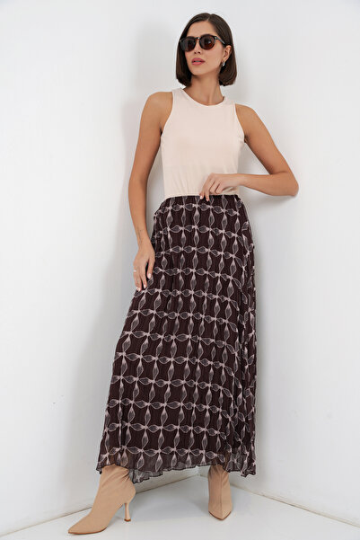 Bigdart Women's Patterned Lined Chiffon Skirt 8058 - Brown
