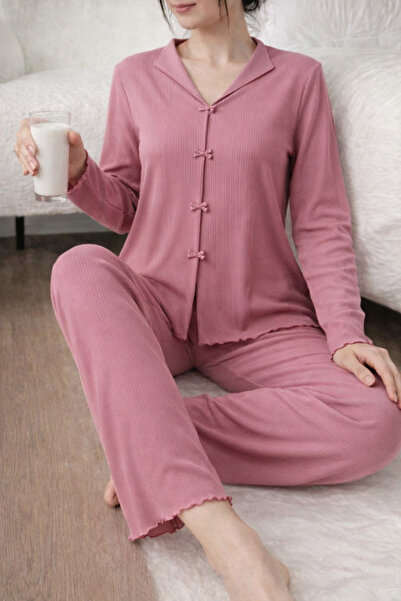 MELİBRA Corded Fabric Soft Cotton Bow Detail Long Sleeve Women's Pajama Set