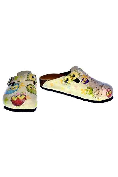 Mundos Women's Vegan Leather Cream Slipper - Owls and Elephant Model - Cal315