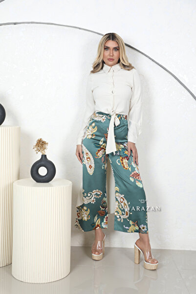 Warazan Floral satin pants set with a long-sleeved blouse