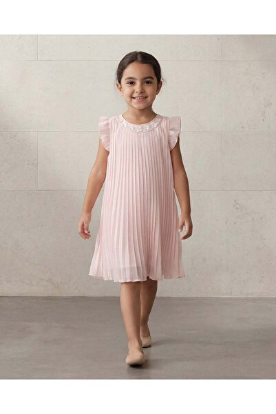 REDTAG Girls Pink Pleated Dress With Sequin Neck Detail