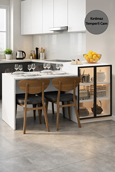 Avmpark Artis Mutfak Adası Led Işıklı Cam Kapaklı Bar Masası Raflı Dolaplı Ço...