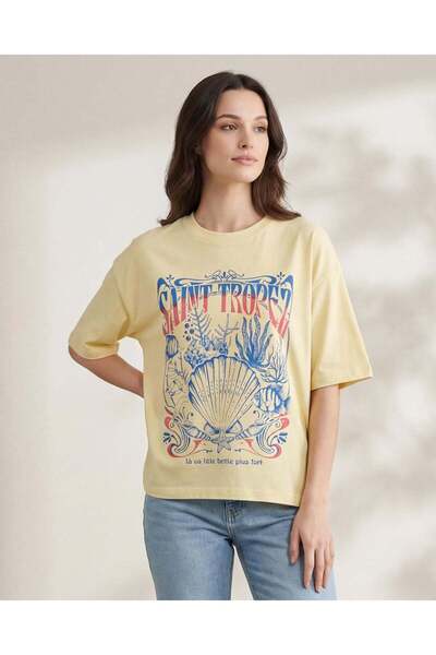REDTAG Women Pale Yellow Graphic Interlock T-Shirt