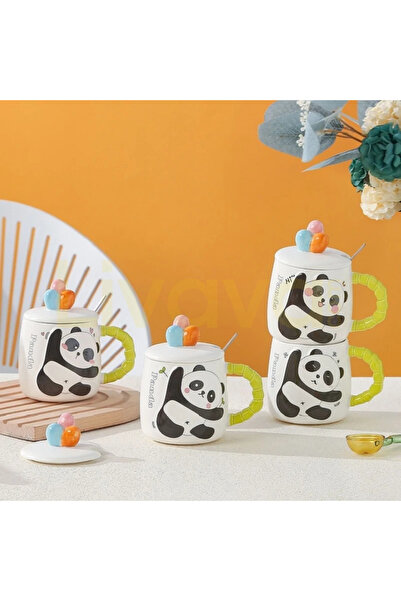 Livava Cute Panda Ceramic Mug with Flower Detail, Special Design Cup with Lid...