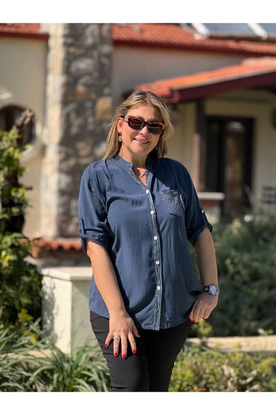 Punta Otantik Nc15450 Solid Color Buttoned Italian Cotton Blouse Navy Blue