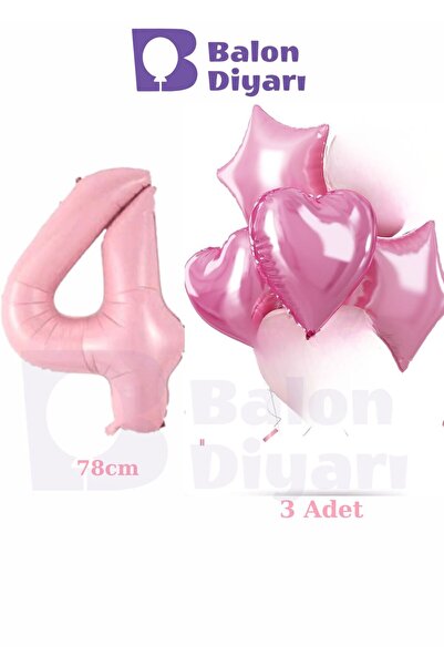 BALON DİYARI 4-Year-Old Pink Girls Special Birthday 3-Piece Heart Star Foil B...