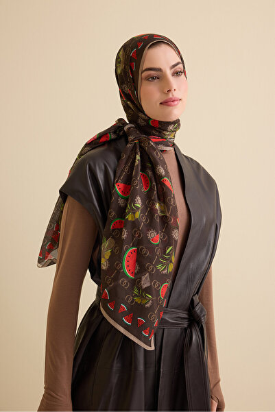 Imannoor Karpuz Desen Kahverengi Pamuk İpek Şal 70x210