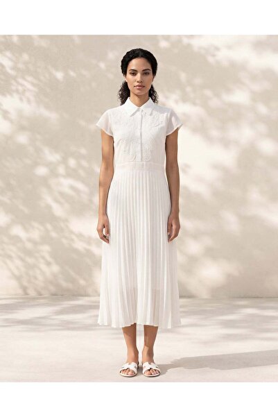 REDTAG Women White Embroidered Pleated Dress