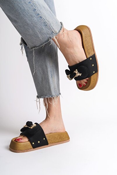 pabucmarketi Black Orthopedic Satin Teddy Bear Print Women's Flat Slipper