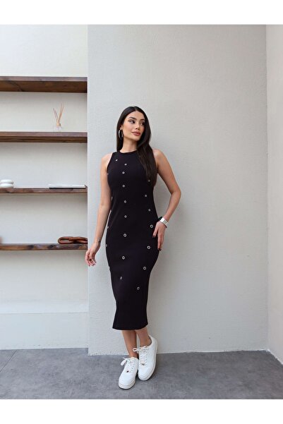 ESRAHELVACI Sıfır Kol Kuşgözü Detay Midi Elbise