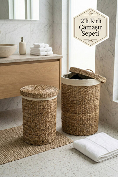 Morlay Terra 2’li Silindir Kapaklı Hasır Kirli Çamaşır Sepeti 90L + 60L Çıkar...