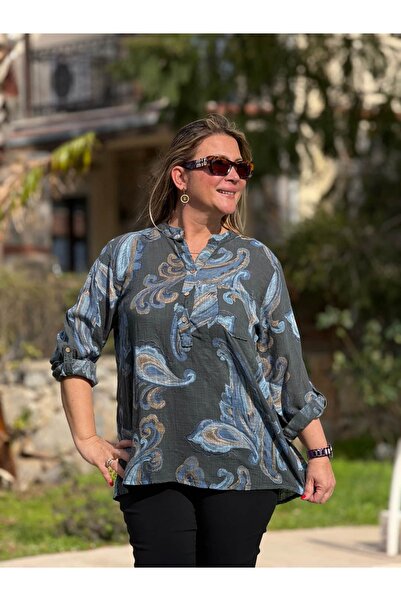 Punta Otantik Yg14050 Italian Three Buttons P Cotton K Linen Blouse Smoked