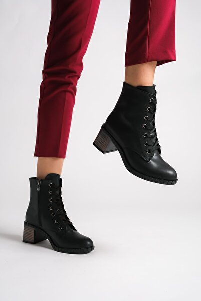 pabucmarketi Black Lace-Up Zippered Women's Heeled Boots