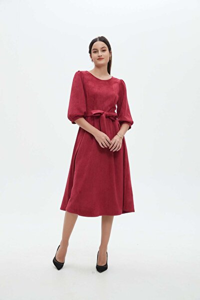 Nichii Women's plain 3/4 sleeve midi dress with waist tie