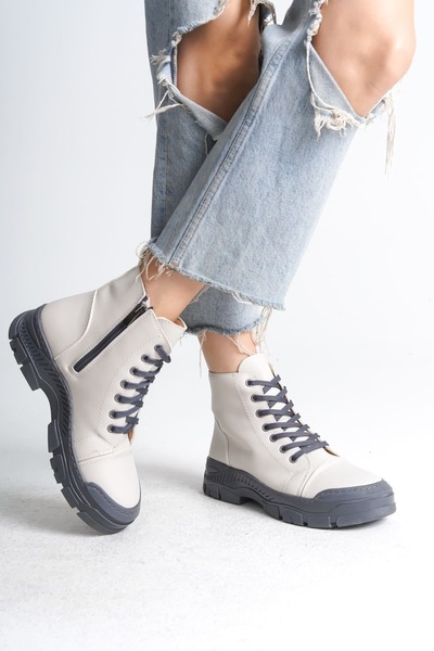 pabucmarketi Cream (Gray Sole) Lace-Up Zippered Women's Sneakers Boots