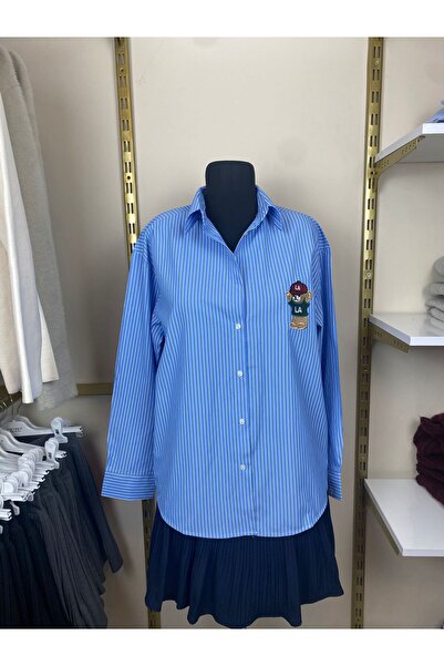 Butik Kadın Oversize Ayıcık Nakışlı Gömlek