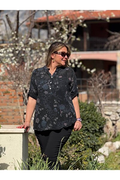 Punta Otantik Yg14075 Italian Three Button P Cotton K Linen Blouse Black