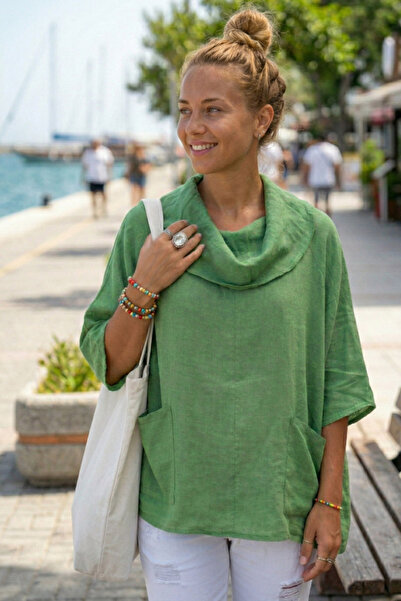 Chiccy Zelena Šal kragna Kratki rukav Dvostruka Sa džepovima Ležerna Lan Širo...