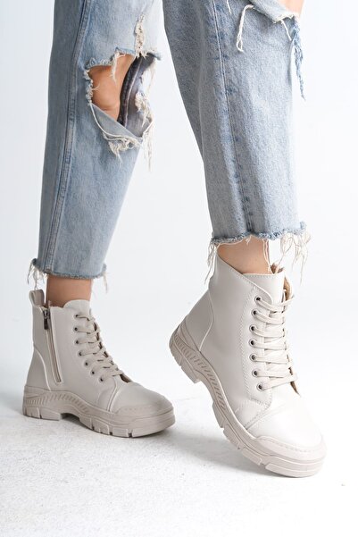 pabucmarketi Cream (Cream Sole) Lace-Up Zippered Women's Sneakers Boots