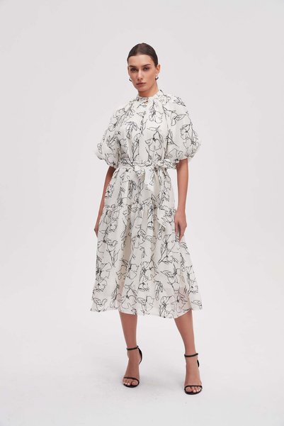 Livia Short-sleeve patterned midi dress with belt