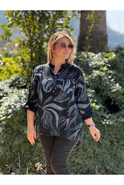 Punta Otantik Yg14080 Italian Three-Button P Cotton K Linen Blouse Black