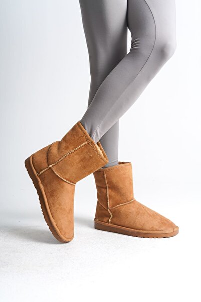 pabucmarketi Tan Suede Women's Flat Boots with Fur Inside